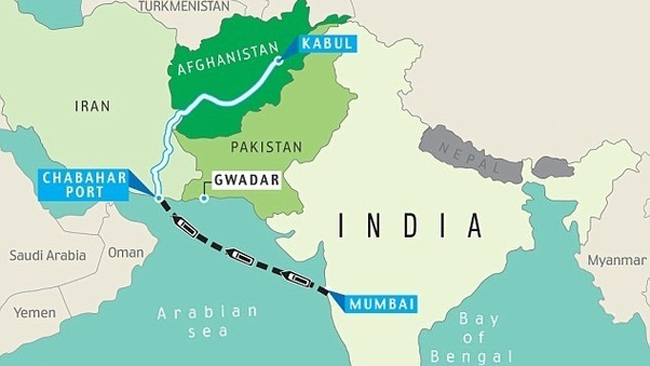 تُظهر الخریطة کیف یمکن لمیناء تشابهار فی إیران ربط الهند بأفغانستان.