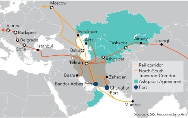 تُظهر الخریطة طریق ممر النقل الدولی بین الشمال والجنوب (INSTC)